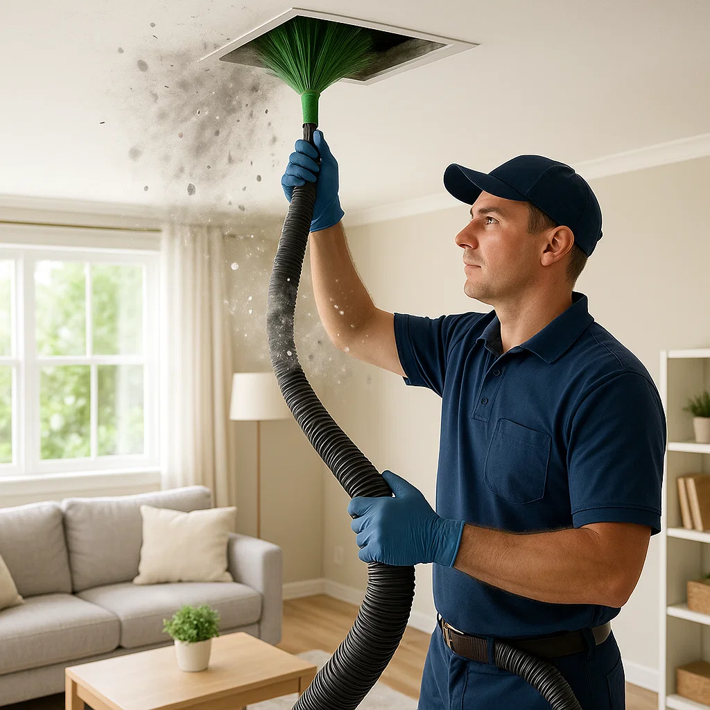 Technician cleaning HVAC air ducts to remove dust, allergens and moisture for fresher indoor air in Cinco Ranch TX.